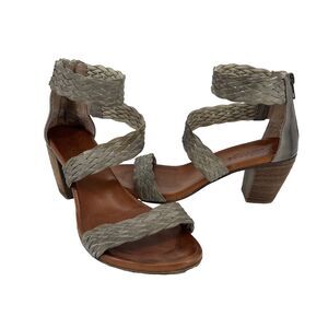 Sundance Leather Woven Back Zip Chunky Heel Sandals Tan 37 EU 7 US Summer Boho